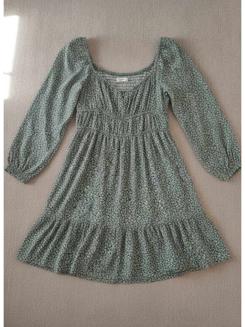 Hollister Green Floral Long Sleeve Mini Dress Smocked Square Neck Tiered Small